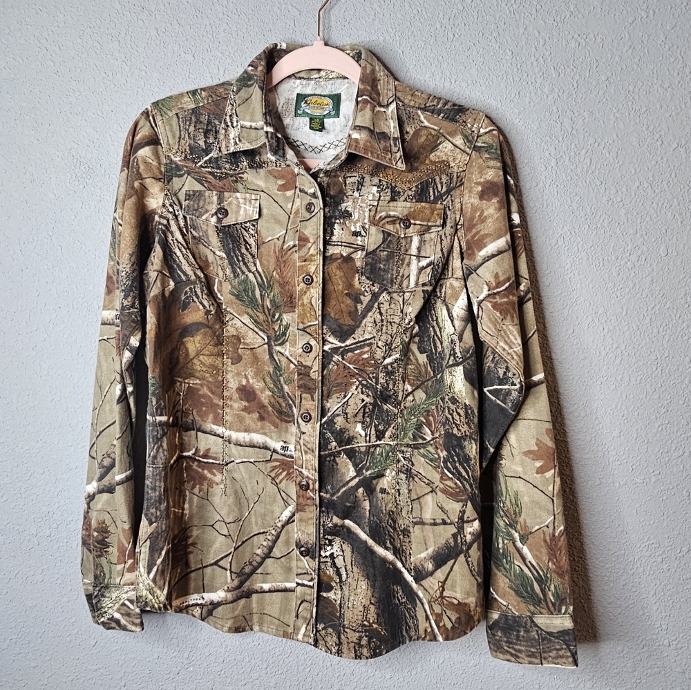CABELA'S Embroidered Western Realtree Camo Hunting Shirt Silent Weave‎ Womens S